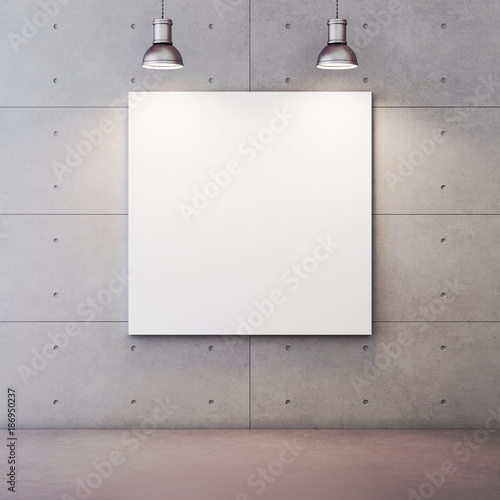 Concrete room with lighted blank canvas. 3D rendering