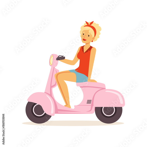 Beautiful young woman riding vintage scooter, girl dressed in retro style vector Illustration