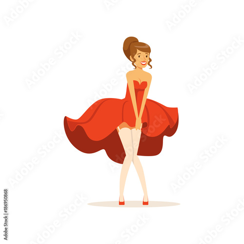 Beautiful young woman with fluttering red dress, girl dressed in retro style vector Illustration