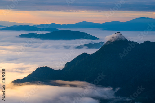 Beautiful sunrise scene at high mountain with yellow clouds and blue sky, Phu chi fah Chiangrai Thailand