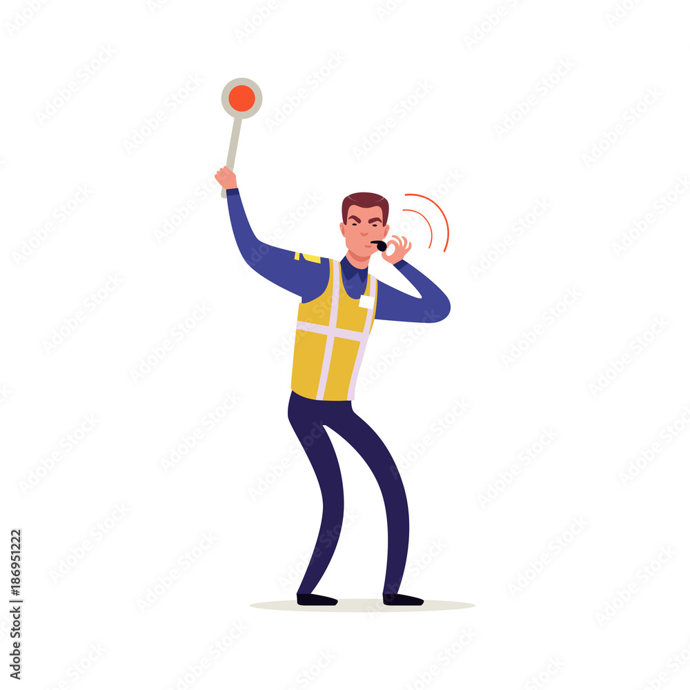 Officer of traffic police in uniform with high visibility vest holding traffic sign and whistling, policeman character at work vector Illustration Officer of traffic police in uniform with high visibility vest holding traffic sign and whistling, policeman character at work vector Illustration