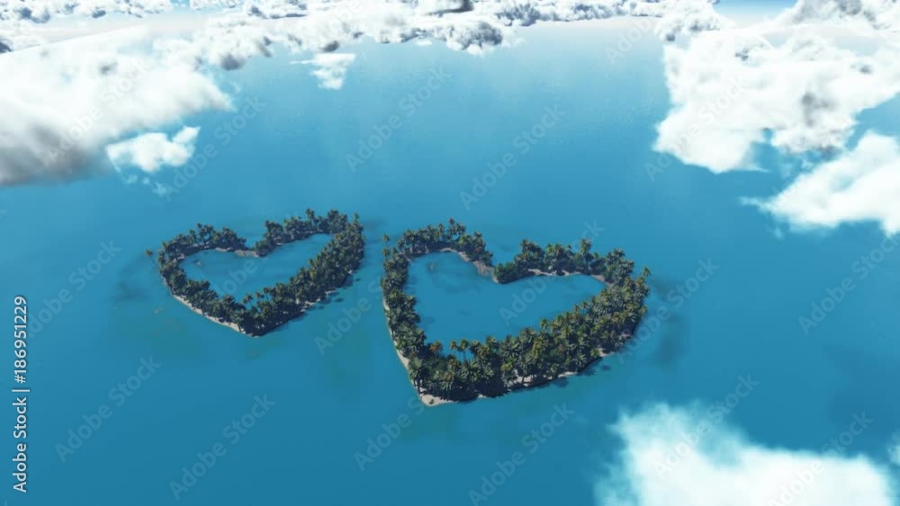 bird's eye view of tropical romantic heart-shaped island, CG. bird's eye view of tropical romantic heart-shaped island, CG.