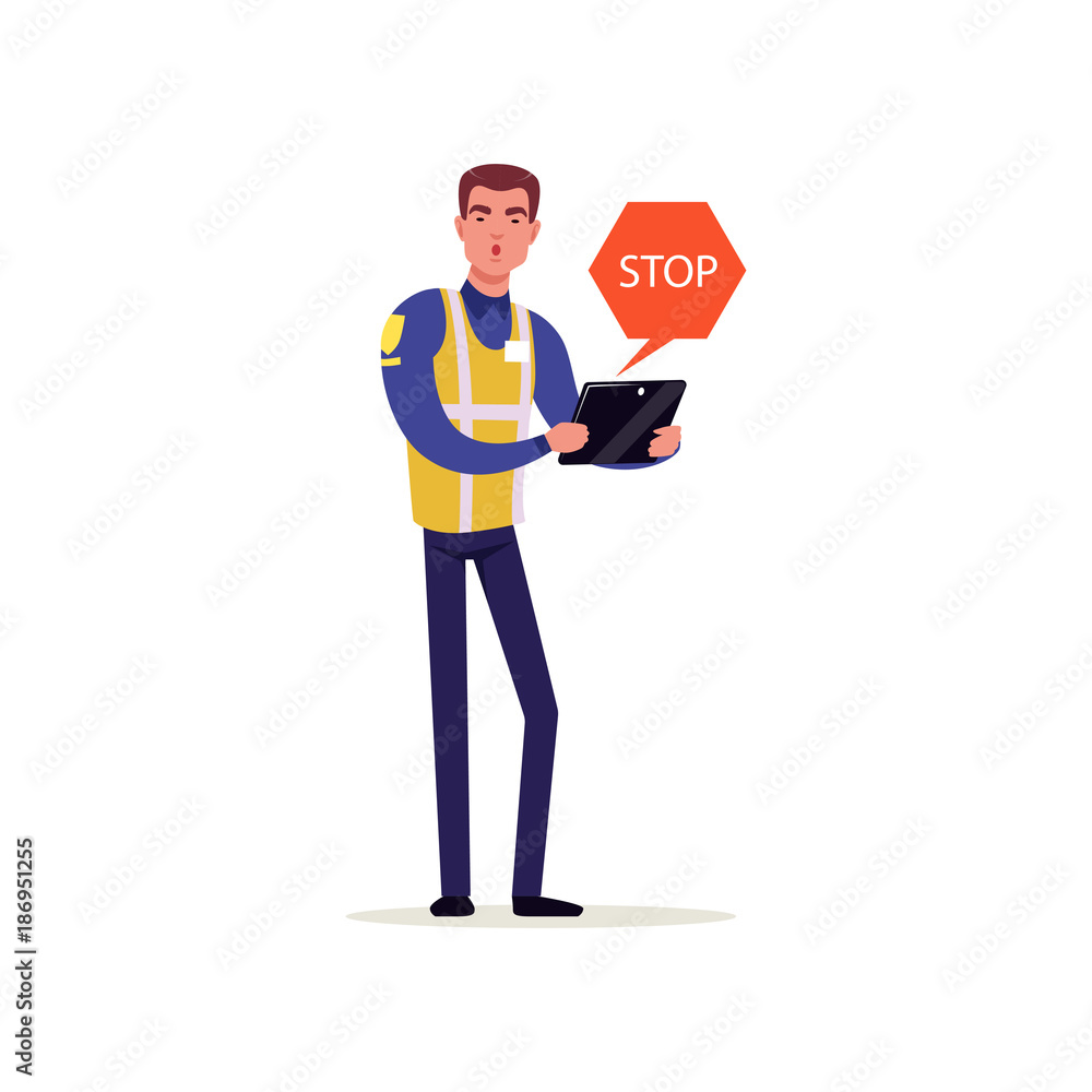 Officer of traffic police in uniform with high visibility vest demanding to stop, policeman character at work vector Illustration Officer of traffic police in uniform with high visibility vest demanding to stop, policeman character at work vector Illustration