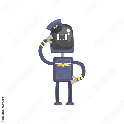 Robot pilot character, android in blue uniform and cap cartoon vector illustration