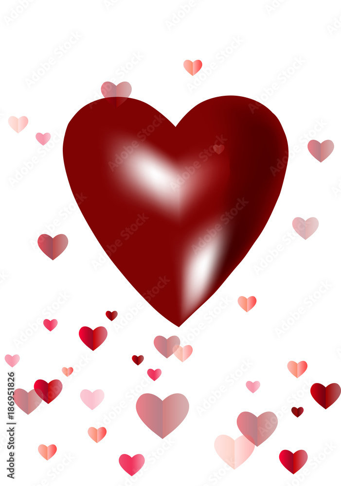 Illustration with big three-dimensional heart and many small on a white background. Postcard to Valentine's Day