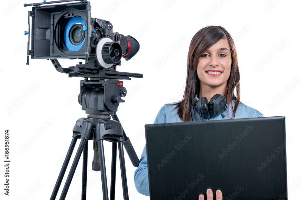 Fototapeta premium young woman video editor working with laptop