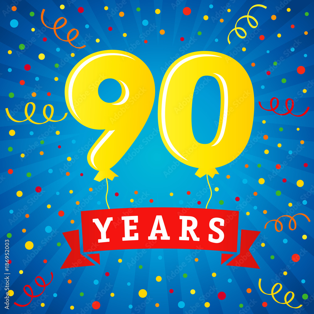 90 years anniversary celebration with colored balloons & confetti