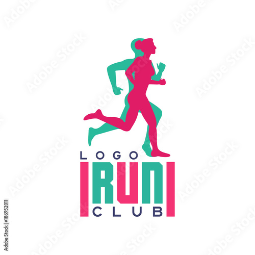 Run club logo, emblem with abstract running people silhouettes, label for sports club, sport tournament, competition, marathon and healthy lifestyle vector illustration