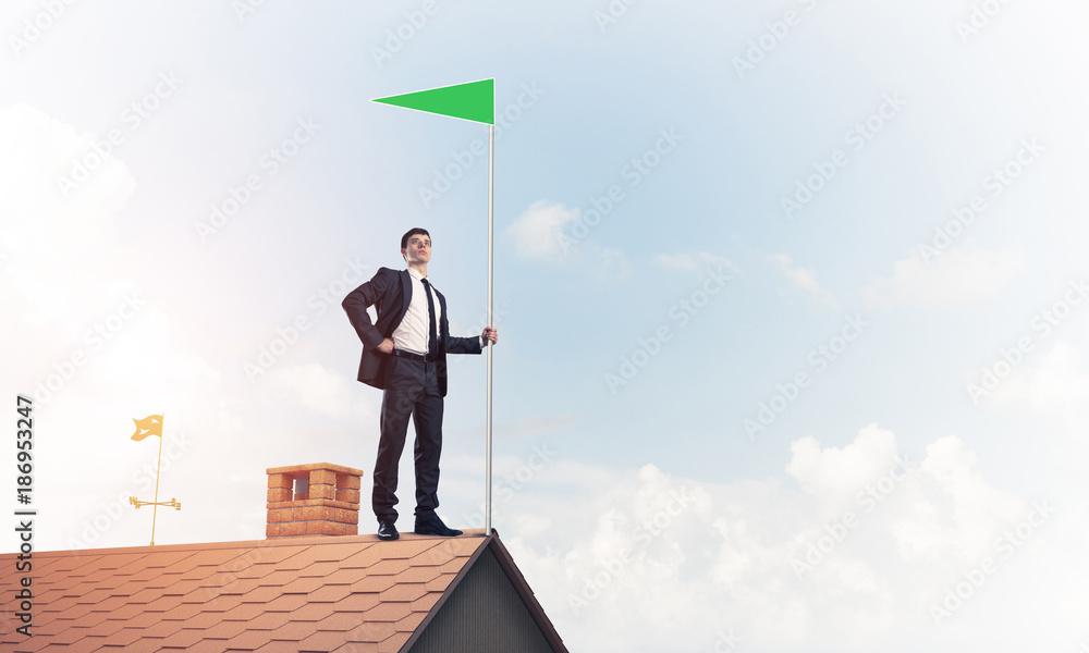Young businessman with flag presenting concept of leadership. Mi Young businessman with flag presenting concept of leadership. Mi