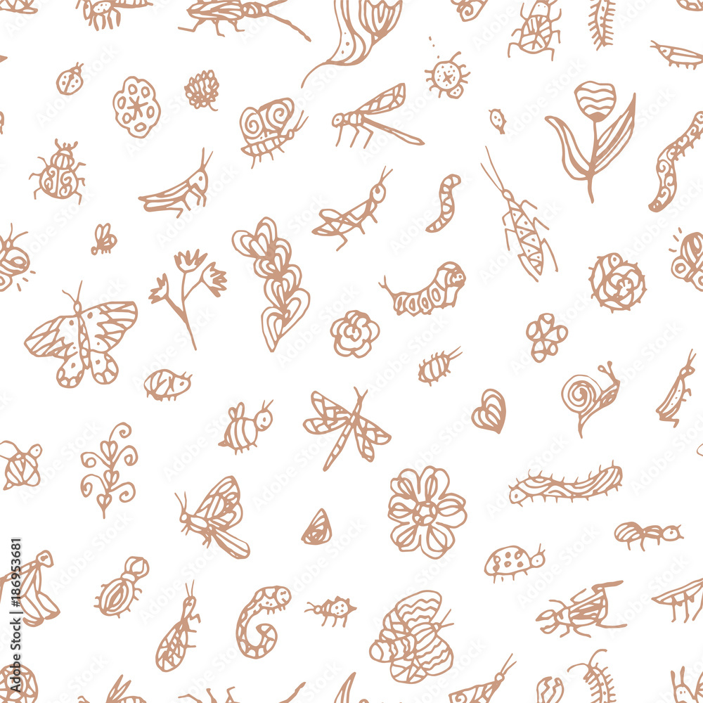 Insects linear pattern - vector seamless texture or background with ...
