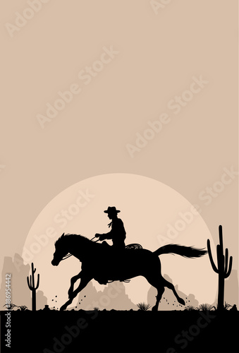 Silhouette of a cowboy riding horse at sunset, Vector Illustration