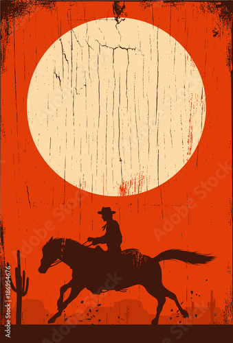 Silhouette of cowboy on running horse on a wooden sign, vector