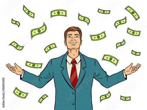 Businessman and money rain pop art vector