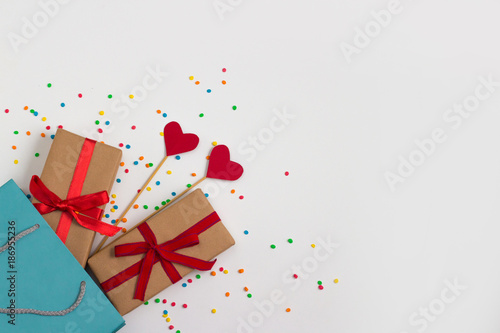 Hearts on Sticks, Two Gifts, Gift Package on the White Background