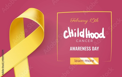 Childhood cancer awareness banner with yellow ribbon symbol on pink background. Vector illustration