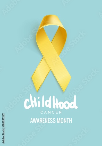 Childhood Cancer Awareness Ribbon. Realistic yellow ribbon, childhood cancer awareness symbol, isolated on blue. Vector illustration