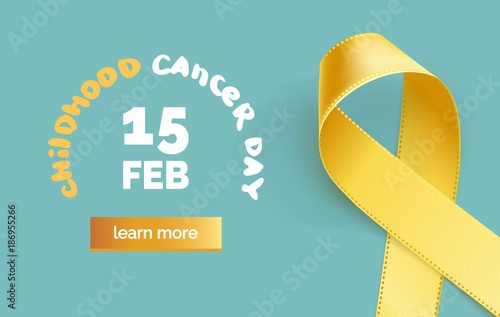 Childhood Cancer Awareness Ribbon. Realistic yellow ribbon, childhood cancer awareness symbol, isolated on blue. Vector illustration