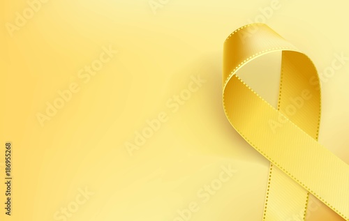 Childhood Cancer Awareness Ribbon. Realistic yellow ribbon, childhood cancer awareness symbol, isolated on yellow background. Vector illustration