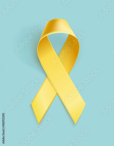 Childhood Cancer Awareness Ribbon. Realistic yellow ribbon, childhood cancer awareness symbol, isolated on blue. Vector illustration