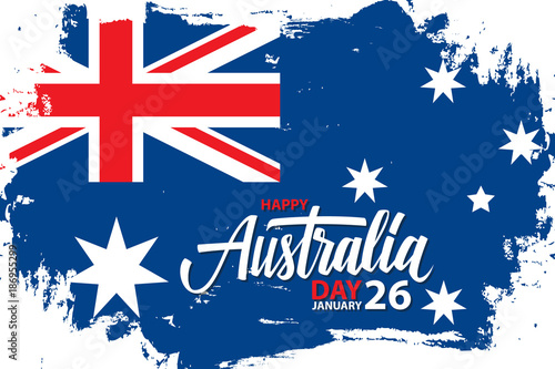Happy Australia Day, january 26 celebrate banner with hand lettering holiday greetings and brush stroke in colors of the australian national flag. Vector Illustration.