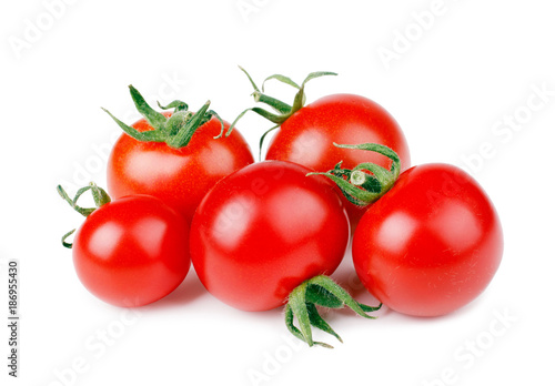 Cherry tomatoes with green stem on white background