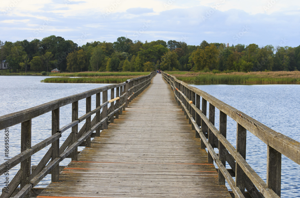 Wooden bridge for pedestrians on Sirvenos Lake.