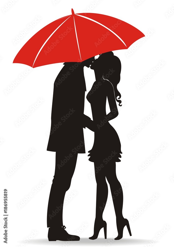 küssendes Paar unter rotem Regenschirm Stock Vector | Adobe Stock