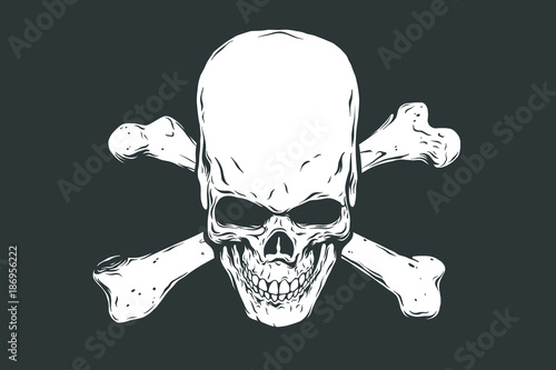 Hand drawn realistic human skull and bones. Monochrome vector illustration on black background.
