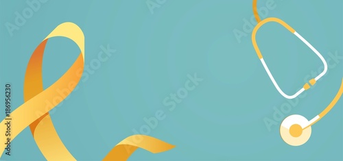 Childhood cancer awareness banner with stethoscope on blue background with yellow ribbon symbol. Vector flat illustration