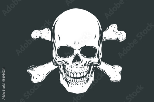 Hand drawn realistic human skull and bones. Monochrome vector illustration on black background.
