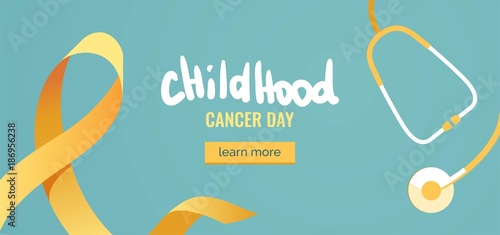 Childhood cancer awareness banner with stethoscope on blue background with yellow ribbon symbol. Vector flat illustration