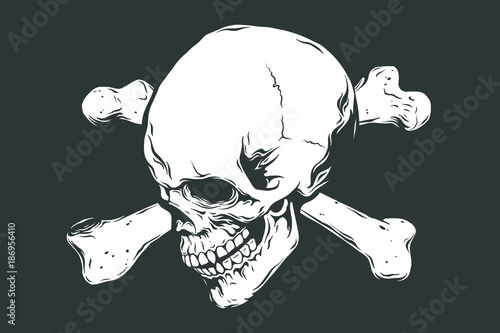 Hand drawn realistic human skull and bones. Monochrome vector illustration on black background.