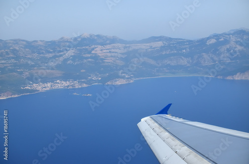 View from an airplane over the coastline of Montenegro
