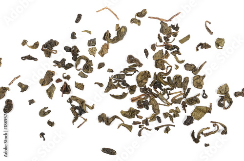 Dry green tea leaves isolated on white background, top view