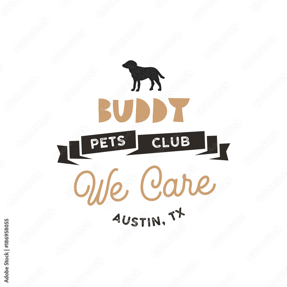 Buddy, pet club logo template. Pet silhouette label illustration isolated on white background. Modern animal badge for veterinary clinic, pet food. Animal typography logotype. Stock vector