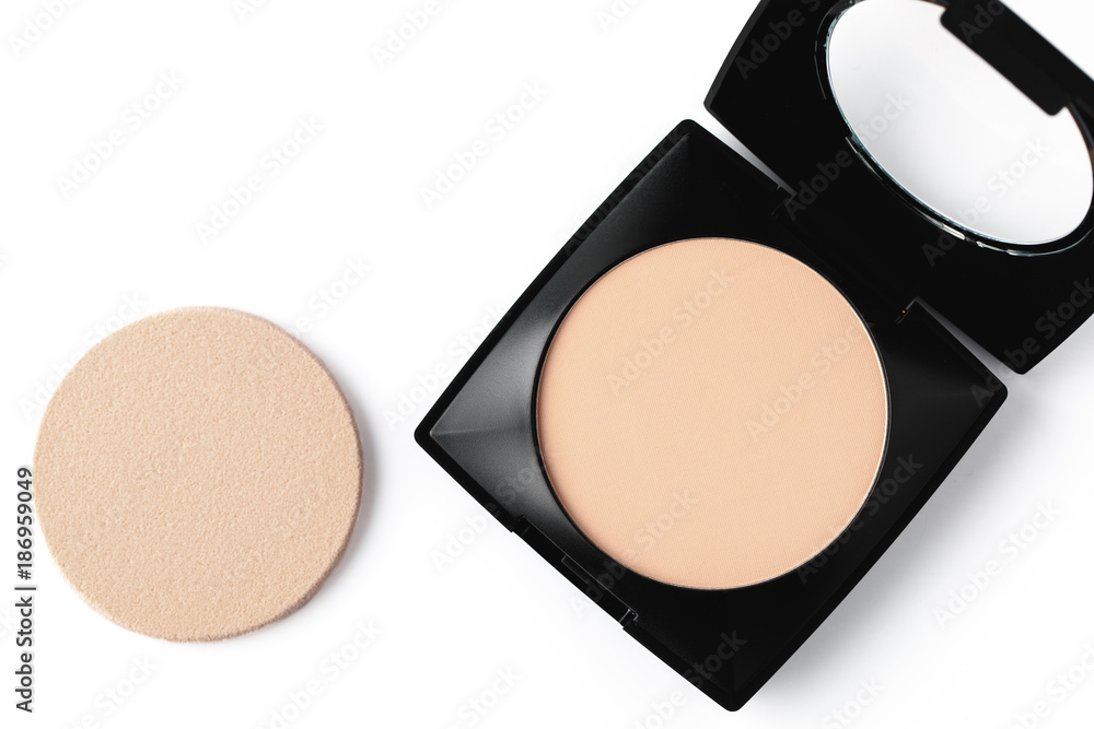 top view of compact powder and sponge isolated on white top view of compact powder and sponge isolated on white