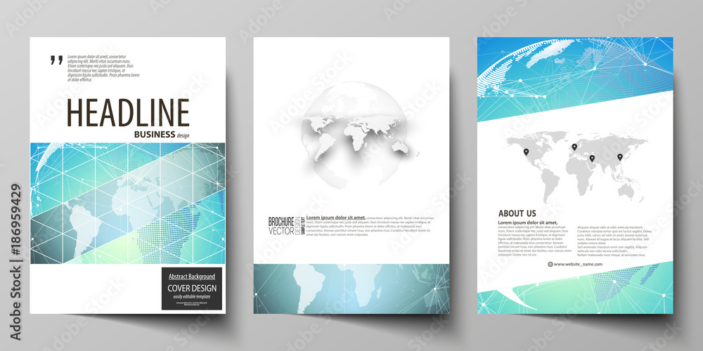 The vector illustration of editable layout of three A4 format modern covers design templates for brochure, magazine, flyer, booklet. Chemistry pattern, molecule structure, geometric design background.