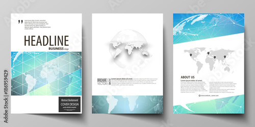 The vector illustration of editable layout of three A4 format modern covers design templates for brochure, magazine, flyer, booklet. Chemistry pattern, molecule structure, geometric design background.