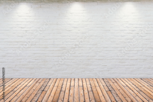 Room interior vintage with white brick wall and wood floor