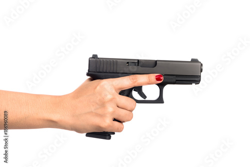 young woman asian girl holding a gun aiming at the gun white background