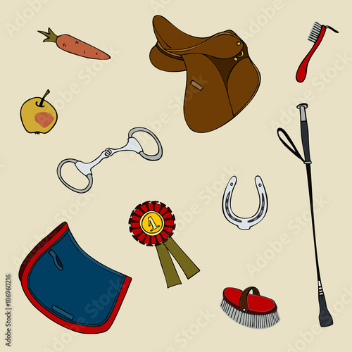 set equestrian  riding cute whip horseshoe saddle prize bit numnah apple carrots brush