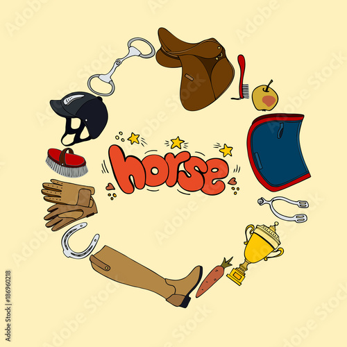 wreath set equestrian cute gloves boots riding saddle brush helmet whip cup pad horseshoe handdrawn lettering horse hearts and stars