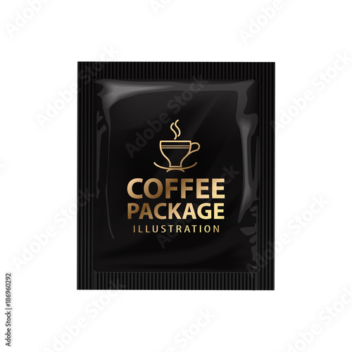 Realistic coffee or cocoa sachet. Vector mock up template. Product packaging on white background