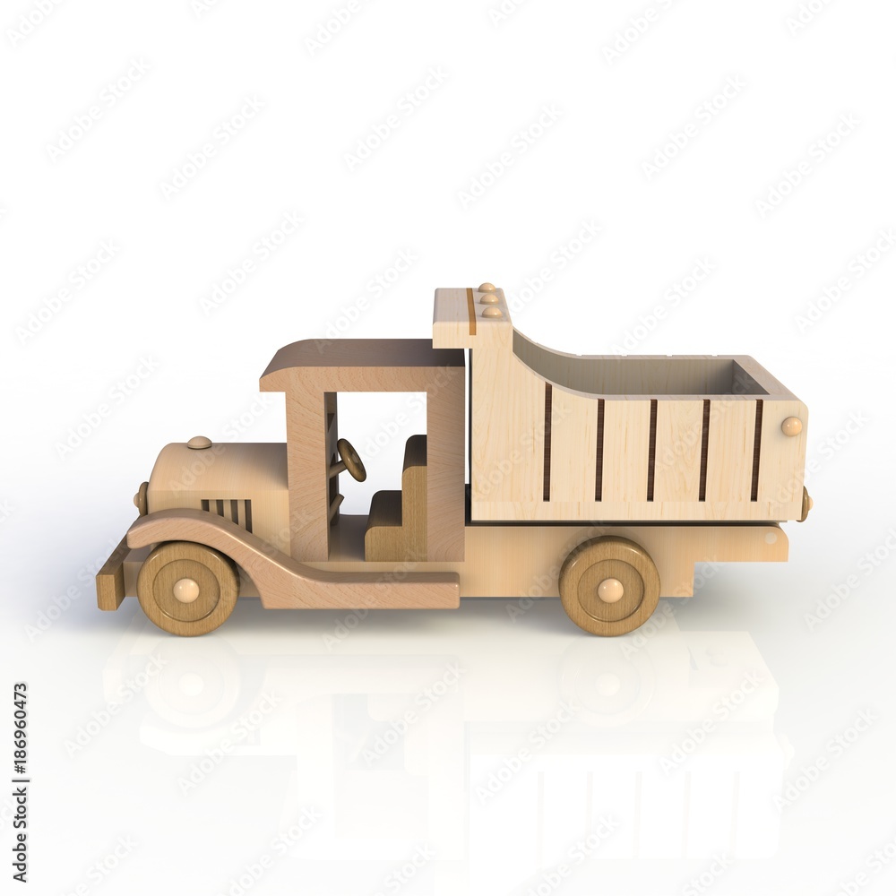 Wood toy car isolated on white background. Side view. 3D rendering.
