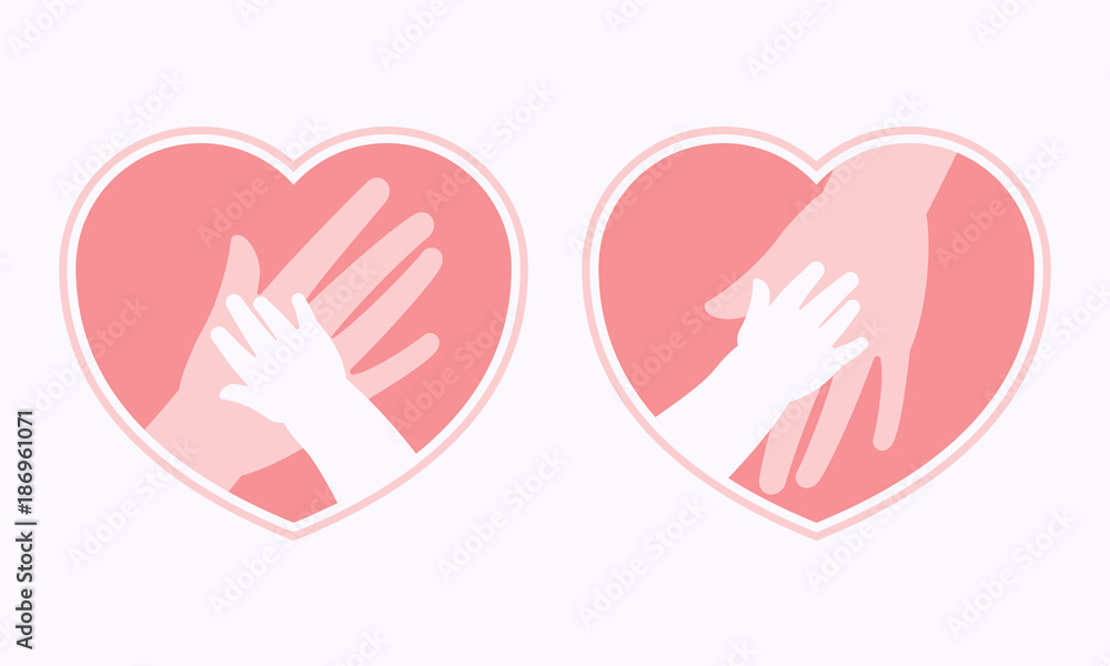 Big hand of mother holding small hand of baby inside heart shaped symbol and frame icon, logo, sign or symbol Big hand of mother holding small hand of baby inside heart shaped symbol and frame icon, logo, sign or symbol