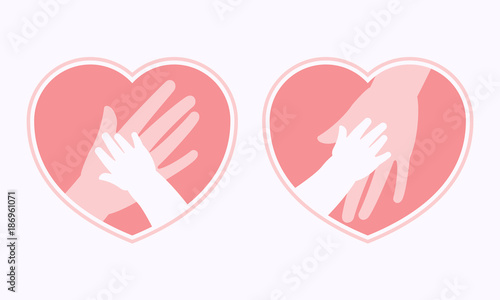 Big hand of mother holding small hand of baby inside heart shaped symbol and frame icon, logo, sign or symbol