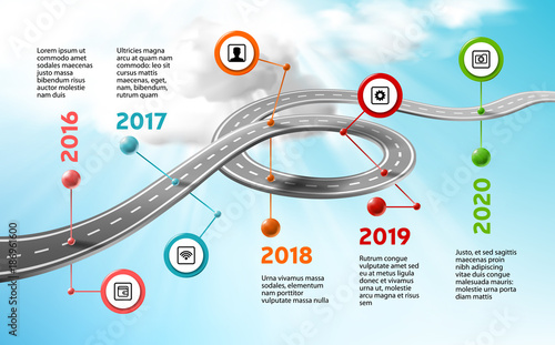 Vector company corporate milestone timeline, business presentation layout, infographic strategic plan workflow, clear, cloud sky background. Car curved road, years, marks, info icons, concept template