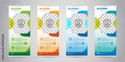 Business Roll Up Banner with 4 Various Color. Standee Design. Banner Template. Vector Illustration