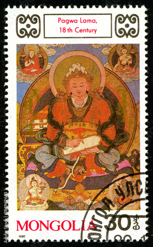 Ukraine - circa 2018: A postage stamp printed in Mongolia shows drawing Pagwa Lama. Series: Buddhist Deities. 18th-20th Cent. Paintings. Circa 1990.
