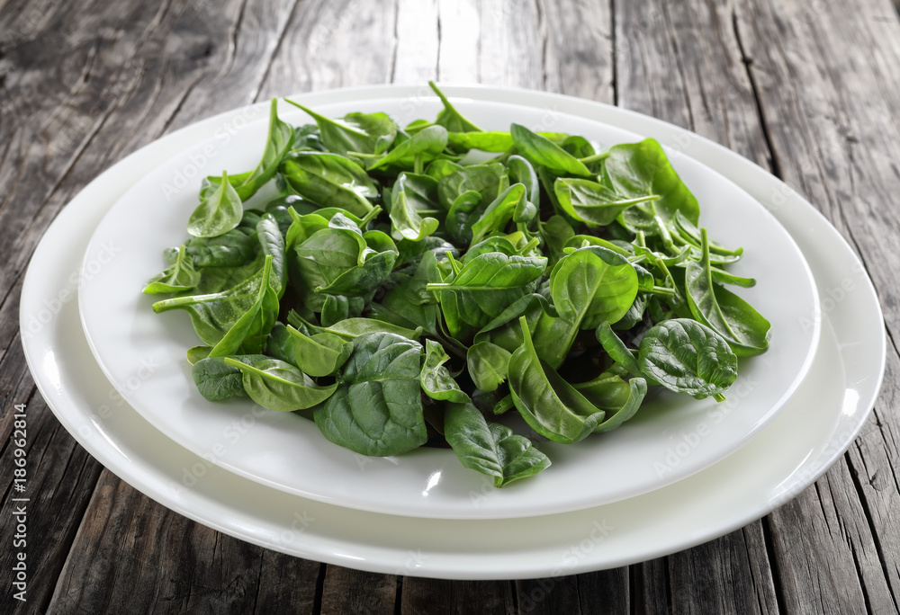 spinach leaves on a white plates, close-up spinach leaves on a white plates, close-up